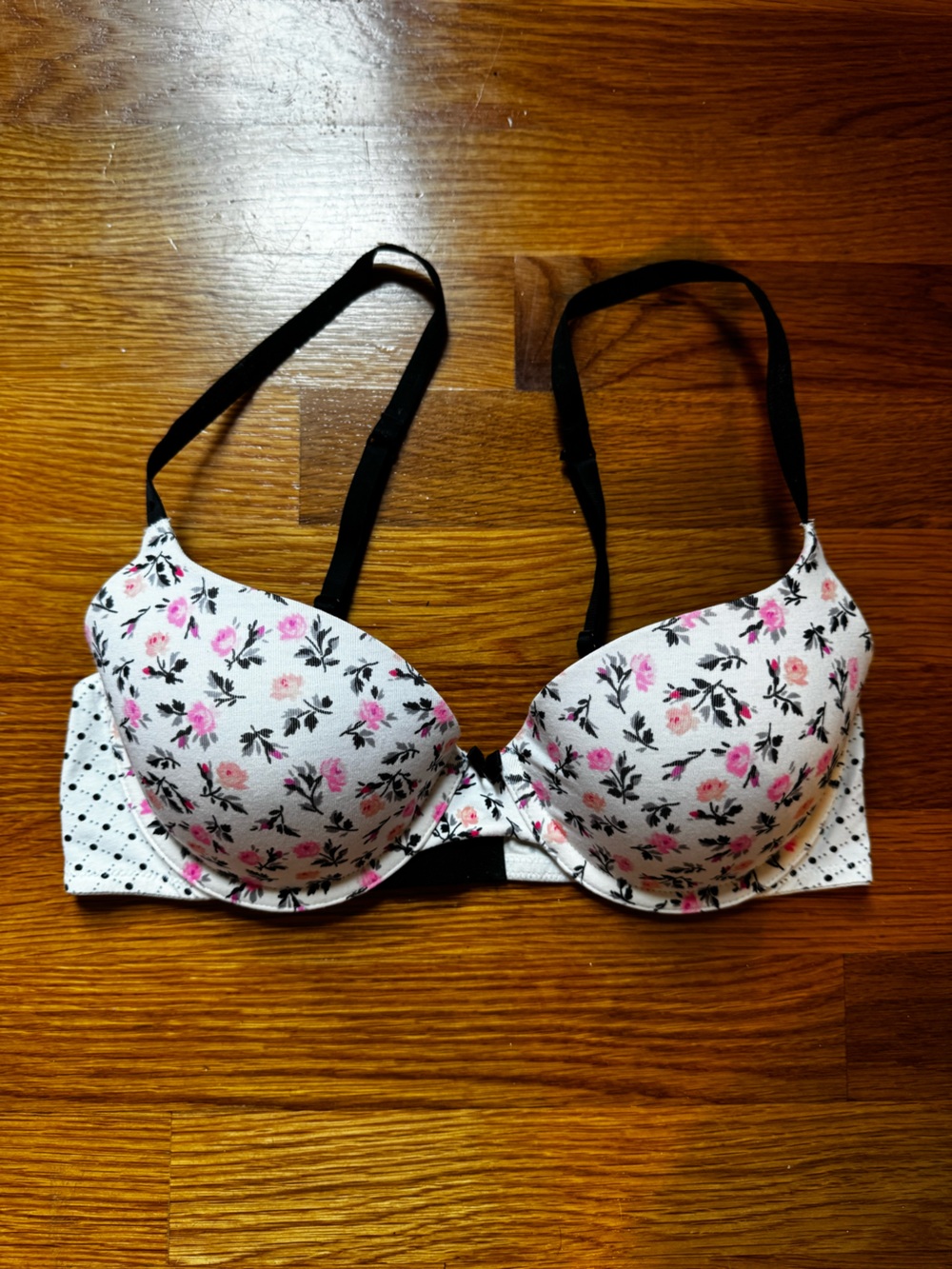 Victoria's Secret White Floral Lined Demi Bra with Black Straps 34C